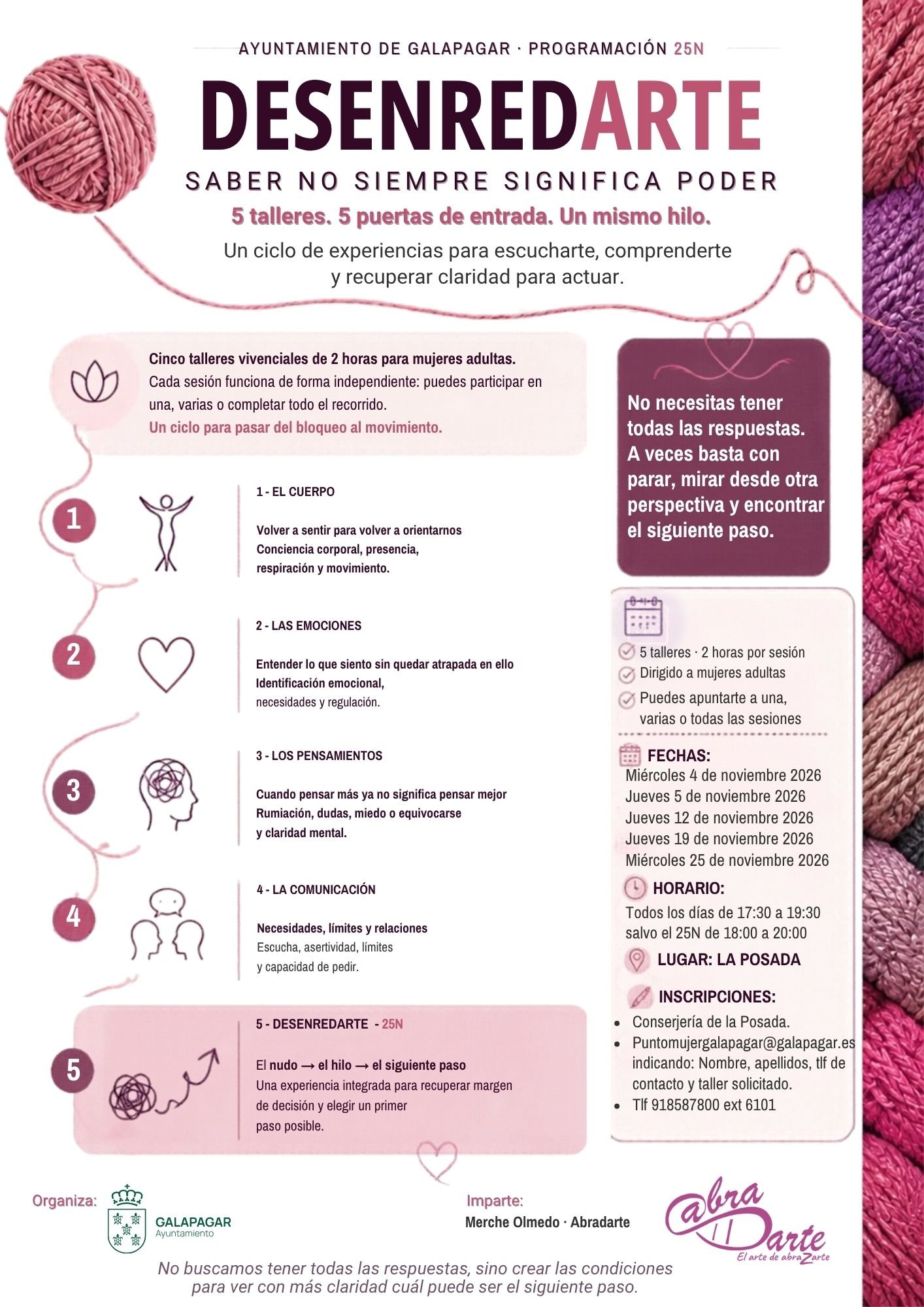 Cartel DESENREDARTE en Galapagar, cinco talleres para mujeres en noviembre de 2026